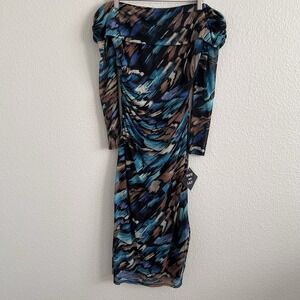 Kate & Lily Sz 6 Midi Dress Blue Stretch Ruched Mesh Off Shoulder Bodycon